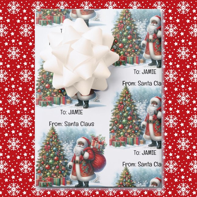 Black Santa Add Child's Name Cute Christmas 3 Wrapping Paper Sheet (Creator Uploaded)