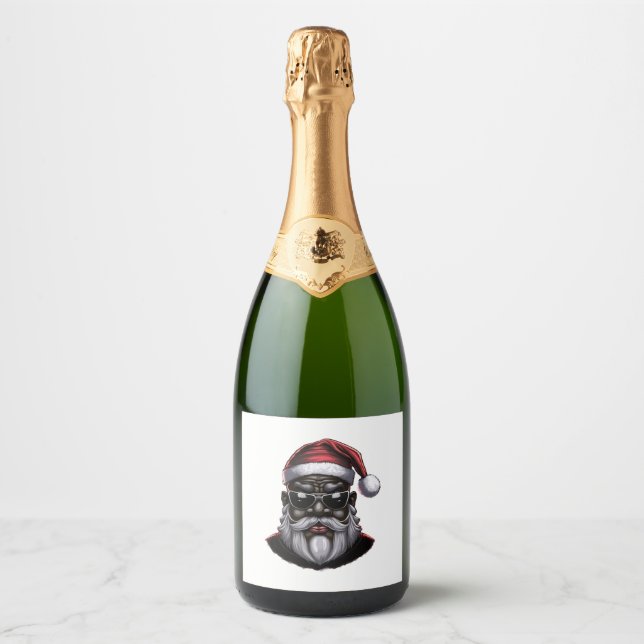 Black Santa, African American Santa Claus Sparkling Wine Label (Front)