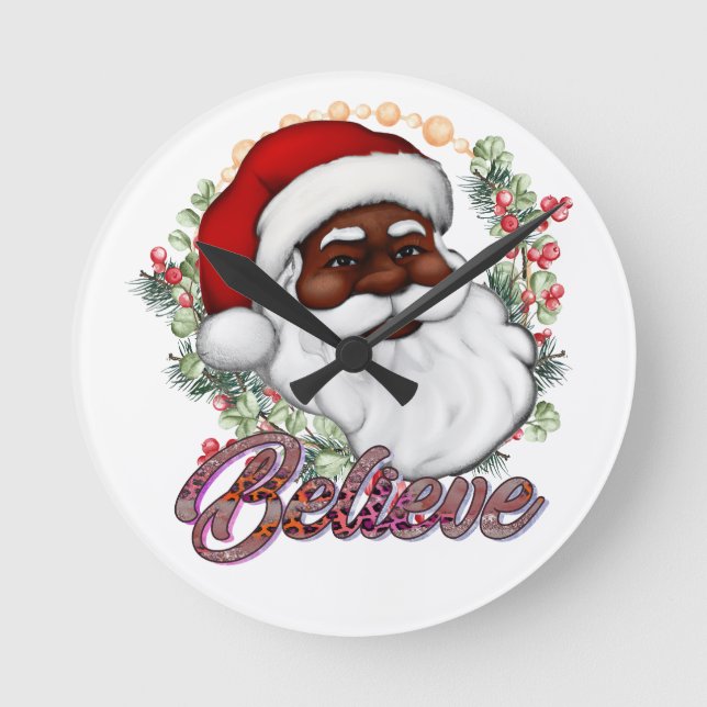 Black Santa Believe Melanin Man Christmas Cheer Round Clock (Front)