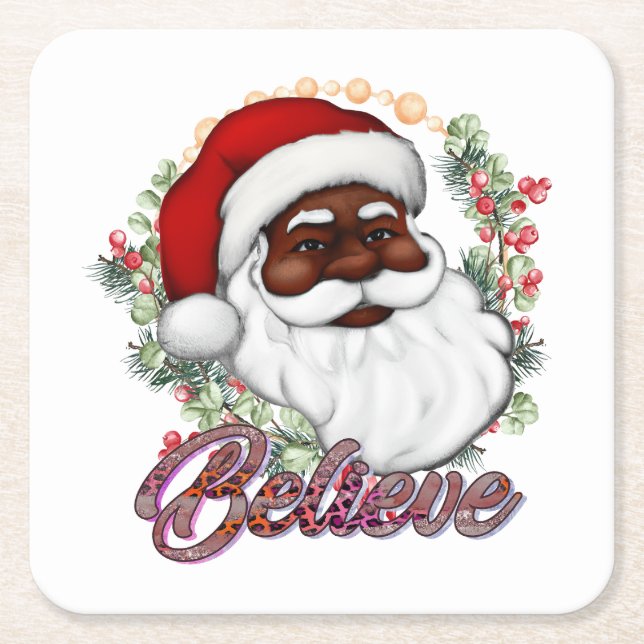 Black Santa Believe Melanin Man Christmas Cheer Square Paper Coaster (Front)