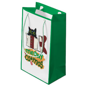 Black Santa Cat tangled in Christmas tree lights Small Gift Bag