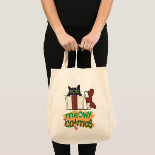 Black Santa Cat tangled in Christmas tree lights Tote Bag