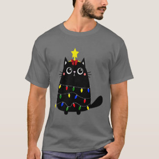 Black Santa Cat Up In Lights Christmas T-Shirt