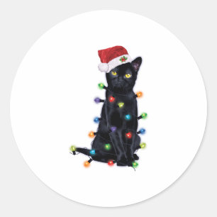 Black Santa Cat with christmas lights Classic Round Sticker