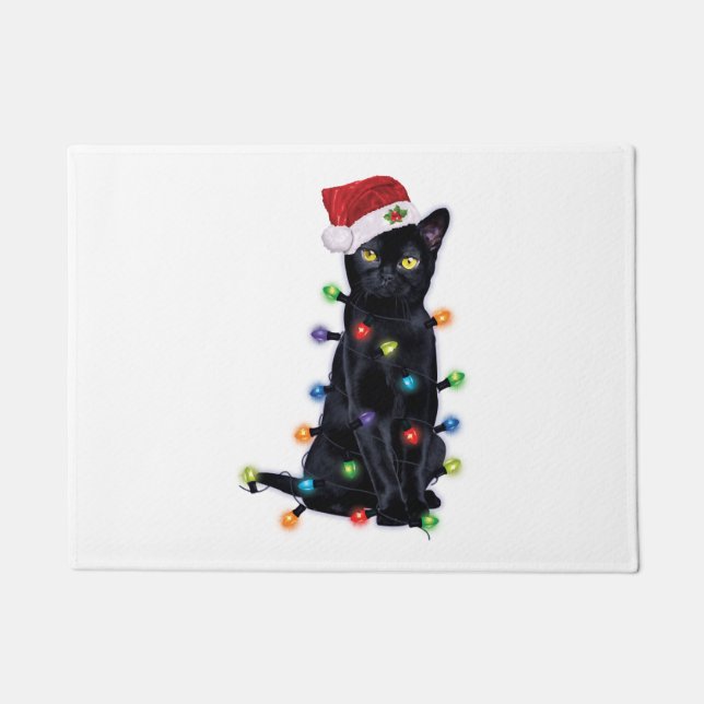 Black Santa Cat with christmas lights Doormat (Front)