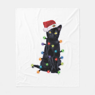 Black Santa Cat with christmas lights Fleece Blanket