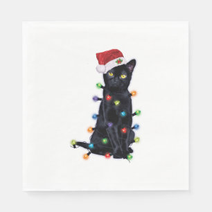 Black Santa Cat with christmas lights Napkin