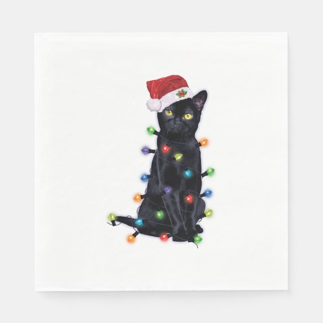 Black Santa Cat with christmas lights Napkin (Front)
