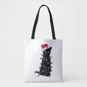 Black Santa Cat with christmas lights Tote Bag