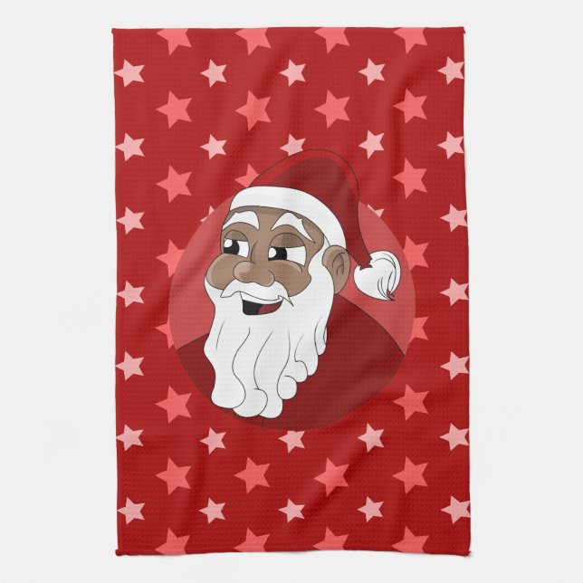 Black Santa Claus Cartoon Tea Towel (Vertical)