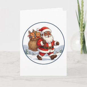 Black Santa Claus Christmas Sack Reindeer Ornament Card