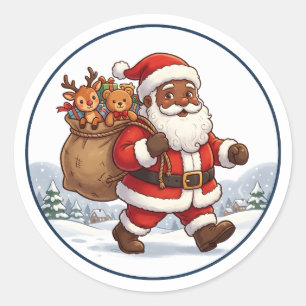 Black Santa Claus Christmas Sack Reindeer Ornament Classic Round Sticker