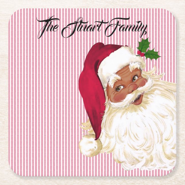 Black Santa Claus Cranberry Stripe Square Paper Coaster (Front)