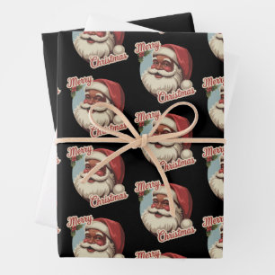 Black Santa Claus Retro Christmas Vintage Holiday Wrapping Paper Sheet