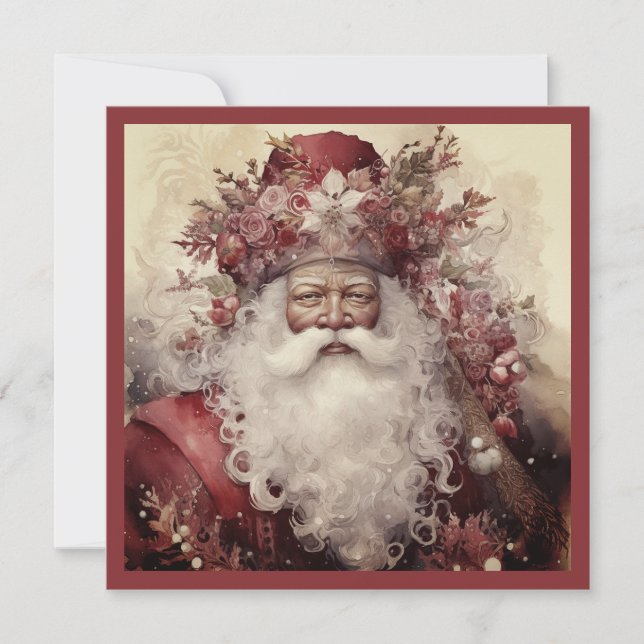 Black Santa in Rococo Red Pink Floral Greenery Holiday Card (Front)
