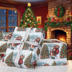 Black Santa in Snow Christmas Tree & Gifts Wrapping Paper