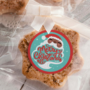 Black Santa   Merry Christmas All   Turquoise Blue Classic Round Sticker