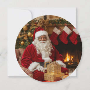 Black Santa Sitting by Fireplace Holiday Card