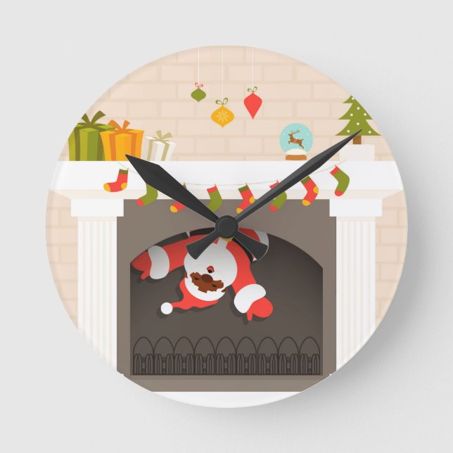 black santa stuck in fireplace round clock (Front)