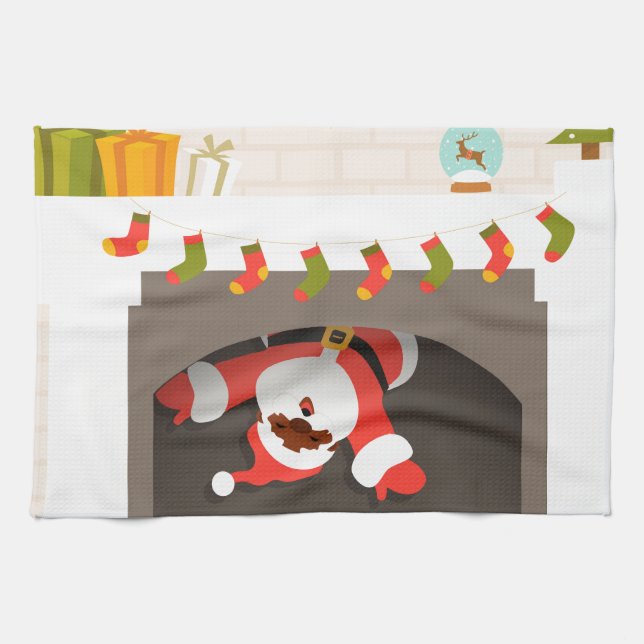 black santa stuck in fireplace tea towel (Horizontal)