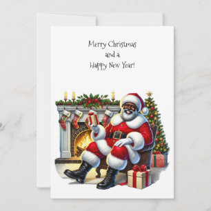 Black Santa with Fireplace Flat Card Personalise