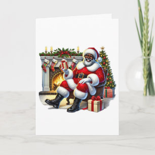 Black Santa with Fireplace Personalised Christmas Card