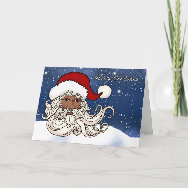 Black Santa With Snow Merry Christmas Holiday Card (Front)