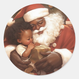 Black Santa's Giving Heart of Joy Classic Round Sticker