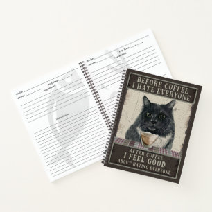Black Sarcastic Cat and Coffee Vintage Notebook