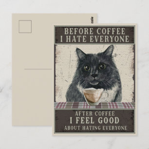 Black Sarcastic Cat and Coffee Vintage Postcard