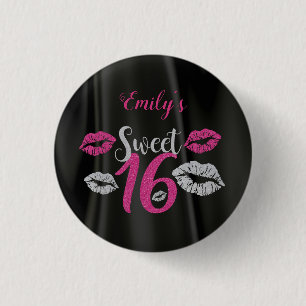 Black Satin And Pink And Grey Glitter 3 Cm Round Badge