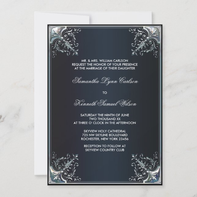 Black Satin Black Tie Wedding Invitations (Front)