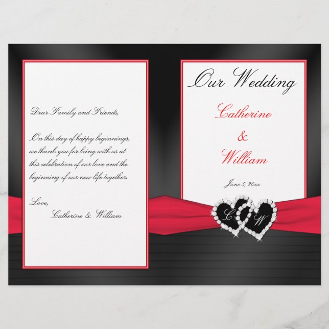 Black Satin Pleasts with Hearts Wedding Program (Front)