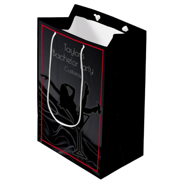 Black Satin Silhouette Bachelor Party Medium Gift Bag (Front Angled)