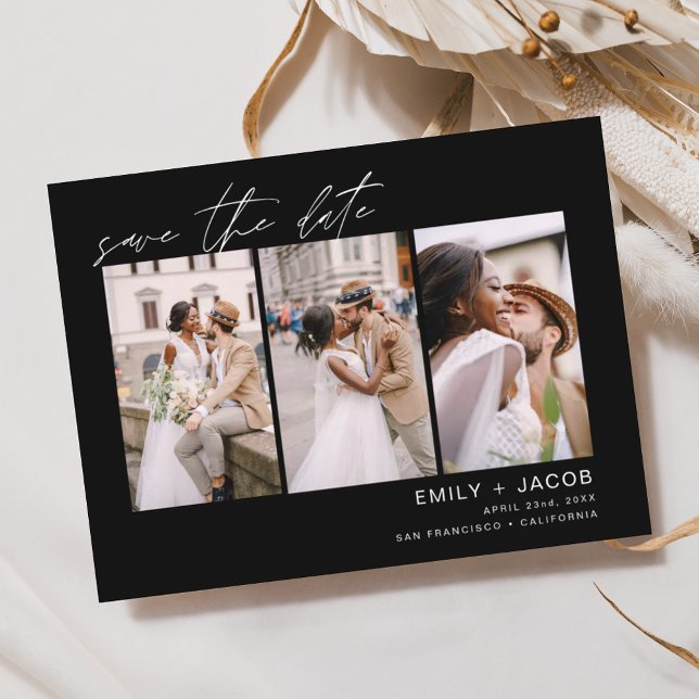 Black Save the Date 3 Photo Postcard (Creator Uploaded)