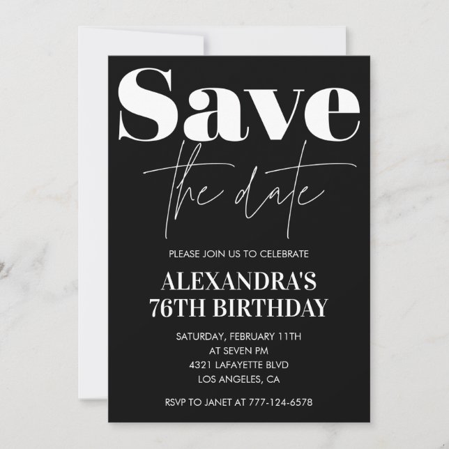 Black Save the date 76th birthday Invitation (Front)