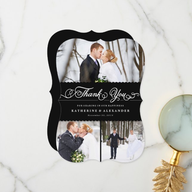Black Scallop Band Elegant Script Wedding 3 Photo Thank You Card (Front/Back In Situ)
