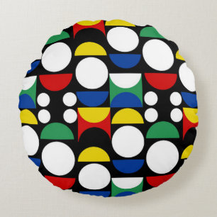 Black Scandinavian Bauhaus Mid-Century Pattern Round Cushion