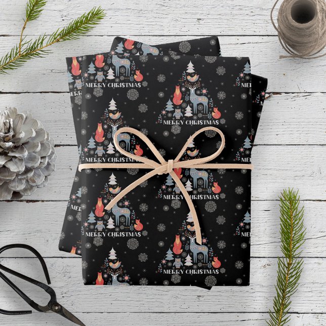 Black Scandinavian Reindeer Tree Animal Snowflake Wrapping Paper Sheet (Creator Uploaded)