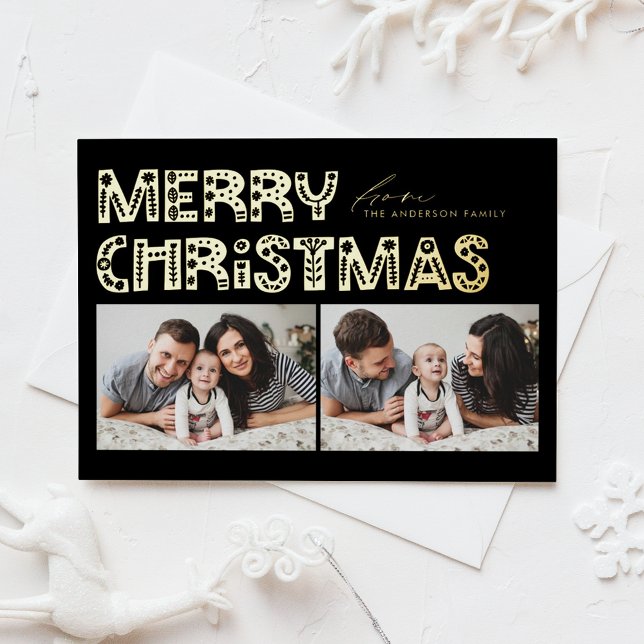 Black Scandinavian Two Photo Christmas Foil Holiday Postcard (Creator Uploaded)
