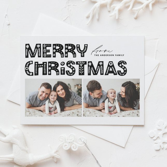 Black Scandinavian Two Photo Christmas Holiday Postcard (Black Scandinavian Two Photo Collage Christmas Holiday Postcard)