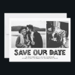 Black Scandinavian Typography Photo Collage Save The Date<br><div class="desc">Black and White Scandinavian Typography Photo Collage Save the Date Card | Announce your wedding date to family and friends with this customisable photo save the date card. It features black Scandinavian typography and stripes pattern. Personalised by featuring two of your favourite photos. You can further personalise the back by...</div>