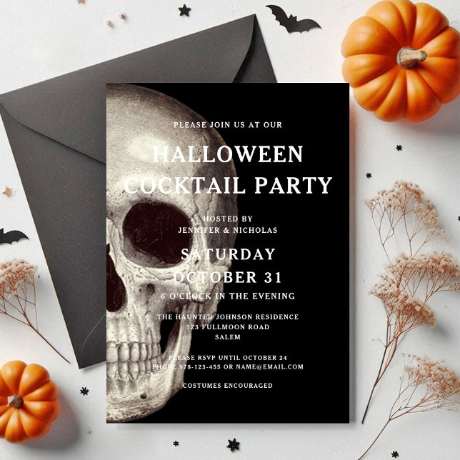 Black Scary Skull Adult Halloween Cocktail Party Invitation (Black Scary Skull Adult Halloween Cocktail Party Invitation)