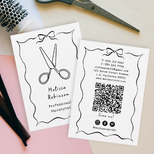 Black Scissors and Coquette Hairstylist QR Code Business Card