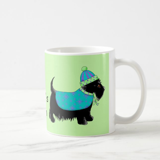 Black Scottie Dog Blue Green Name Personalised Coffee Mug (Right)