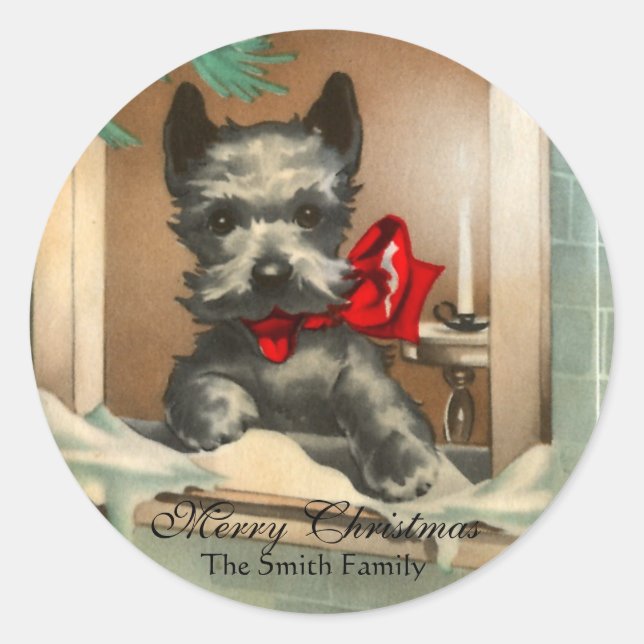 Black Scottie Dog in Window Red Classic Round Sticker (Front)
