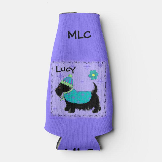 Black Scottie Dog Name Personalise Monogram Bottle Cooler (Front)