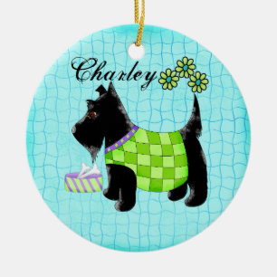 Black Scottie Dog Name Personalised Turquoise Ceramic Tree Decoration