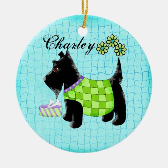 Black Scottie Dog Name Personalised Turquoise Ceramic Tree Decoration (Front)