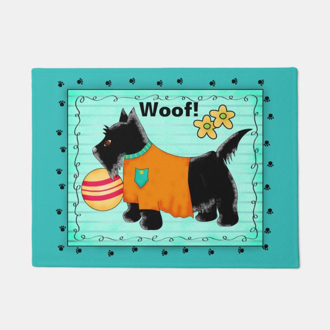 Black Scottie Dog Welcome Woof Turquoise Teal Doormat (Front)